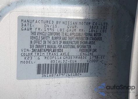 2015 Nissan Sentra Fe+ S/S/Sl/Sr/Sv z USA, uszkodzony, nr VIN 3N1AB7AP9FL651824